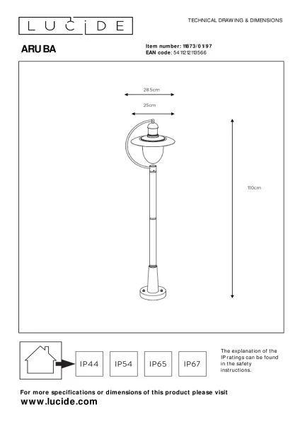 Lucide ARUBA - Lamp post Outdoor - 1xE27 - IP44 - Rust Brown - technical